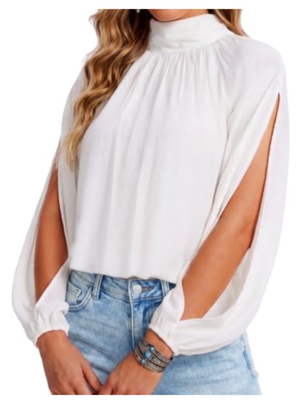 Women's Mock Neck Long Sleeve Blouse with Puff Lantern Sleeves 78% Rayon